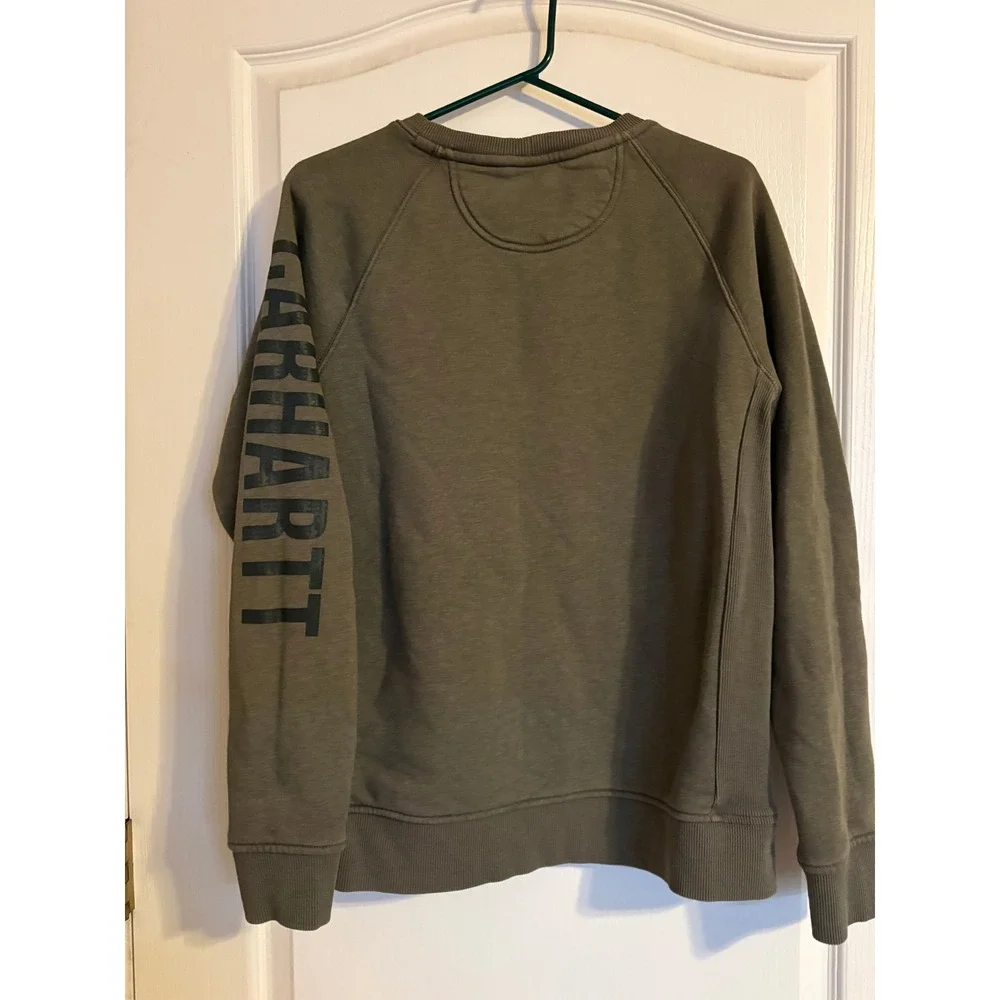 Carhartt Womens Relaxed Fit Crewneck Sweatshirt Olive Green Sleeve Logo L 104410